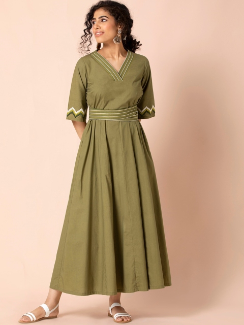 

Earthen BY INDYA Olive Green Ethnic Maxi Dress With Belt