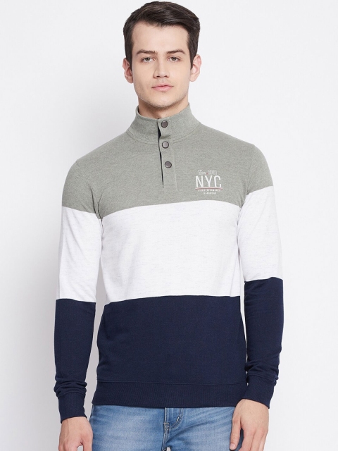 

Octave Men Grey & White Colourblocked Pure Cotton High Neck Collar T-shirt