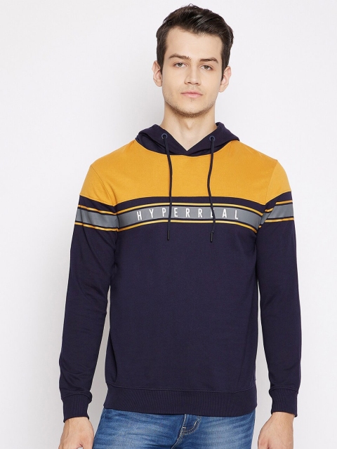 

Octave Men Navy Blue & Yellow Pure Cotton Hooded T-shirt