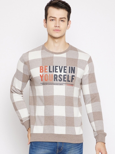 

Octave Men Cream-Coloured & Beige Checked Jacquard Pure Cotton T-shirt