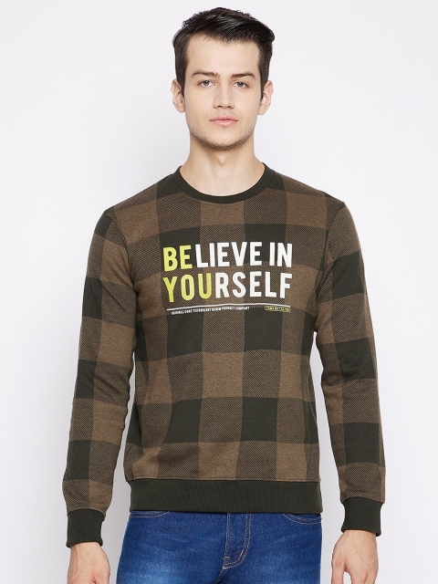 

Octave Men Olive Green & Brown Check Jacquard Pure Cotton T-shirt