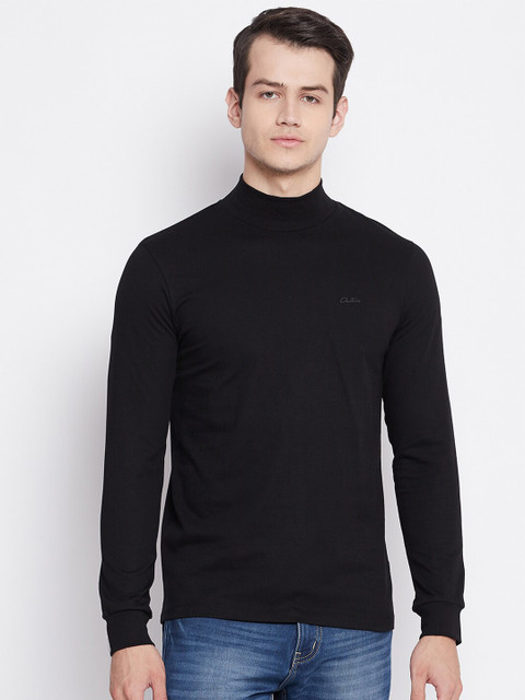 

Octave Men Black Rib Knit High Neck Pure Cotton T-shirt