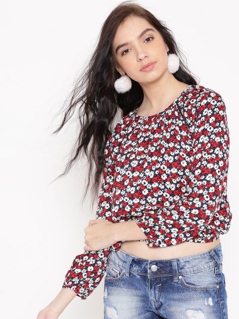 

FOREVER 21 Women Navy & Red Floral Print Crop Top, Navy blue