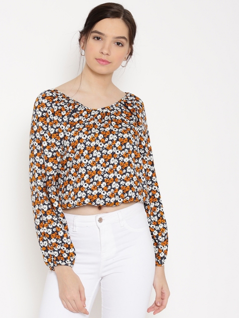 

FOREVER 21 Women Navy & Orange Printed Crop Top, Navy blue