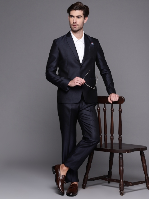 

Manu Men Navy Blue Textured Regular Fit Single-Breasted Two-Piece Suit