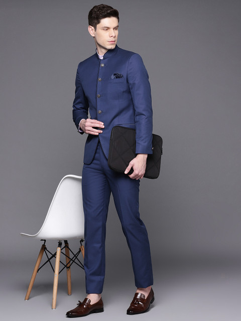 

Manu Men Navy Blue Woven Design Bandhgala Suit with Pocket Square