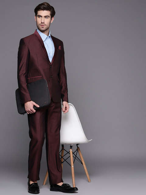 

Manu Men Maroon Woven Design Single-Breasted Suit with Pocket Square