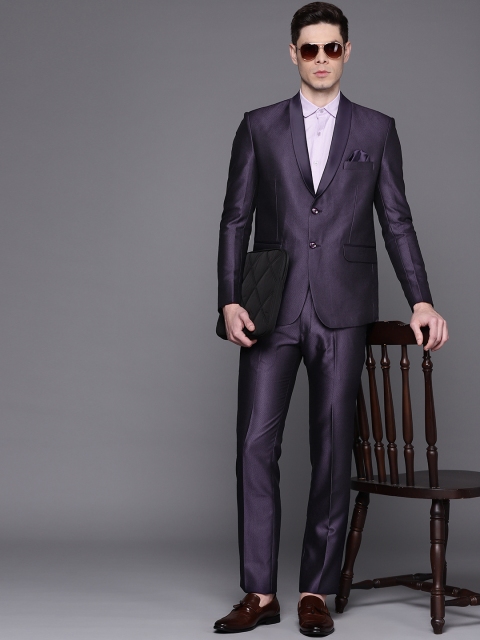 

Manu Men Purple Woven Design Single-Breasted Suit with Pocket Square