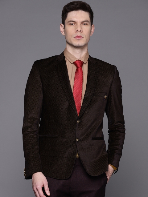 

Manu Men Coffee Brown & Black Textured Velvet Single Breasted Formal Blazer