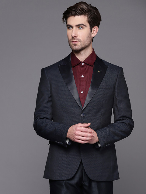 

Manu Men Navy Blue Regular Fit Self-Design Tuxedo Blazer