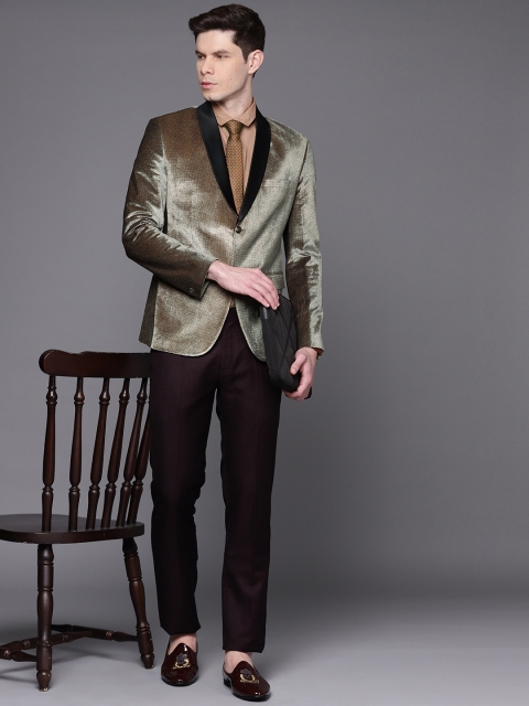 

Manu Men Beige & Teal Blue Printed Velvet Single Breasted Party Blazer
