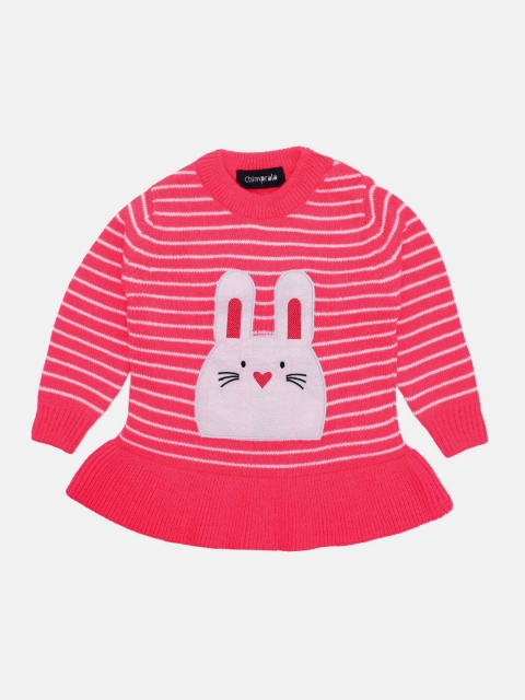 

CHIMPRALA Girls Pink & White Striped Wool Pullover with Applique Detail