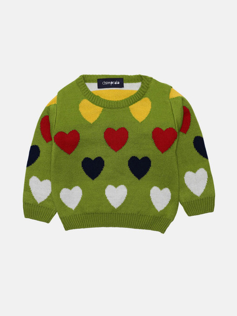 

CHIMPRALA Girls Green & Red Conversational Printed Wool Pullover
