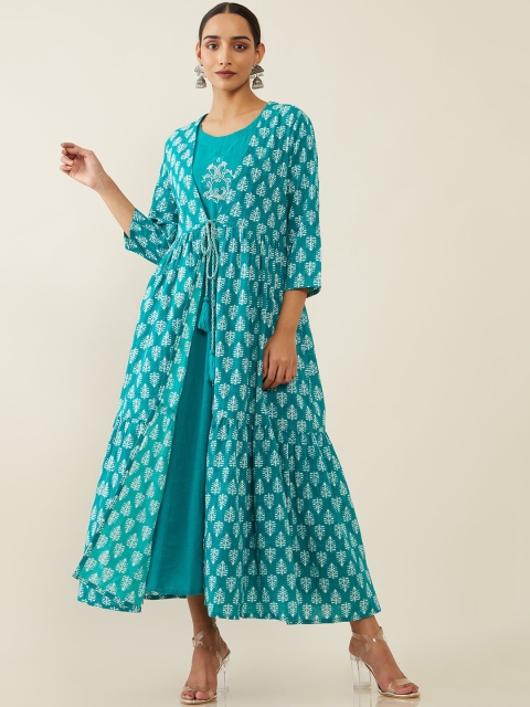 

Soch Sea Green & White Ethnic Motifs Layered Ethnic A-Line Maxi Dress