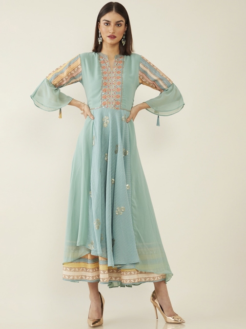 

Soch Women Green Ethnic Motifs Embellished Flared Sleeves Georgette Anarkali Kurta