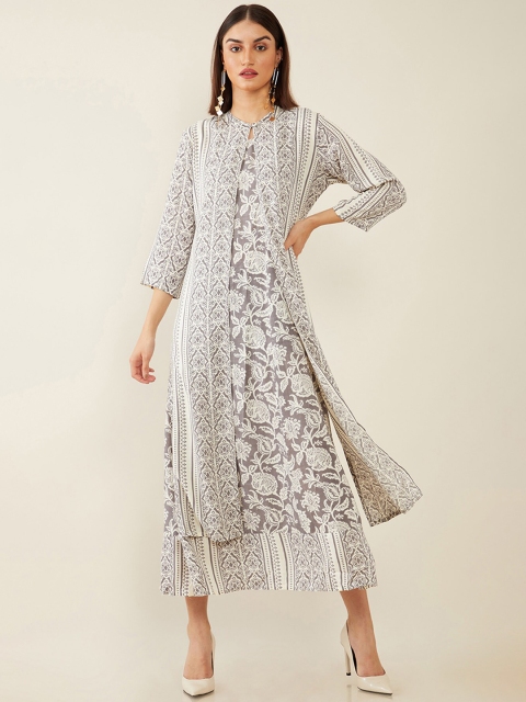 

Soch Women Grey & White Floral Block Printed Anarkali Kurta