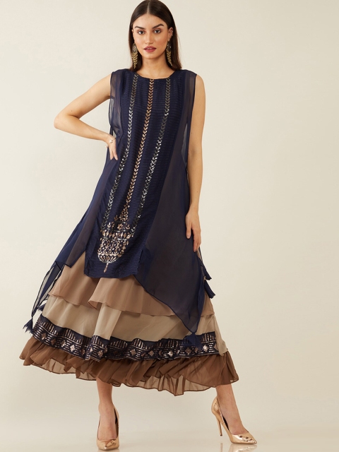 

Soch Navy Blue & Beige Embellished Layered Ethnic A-Line Maxi Dress