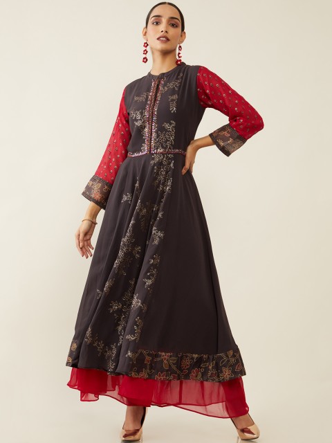 

Soch Grey & Red Embellished Layered Ethnic A-Line Maxi Dress