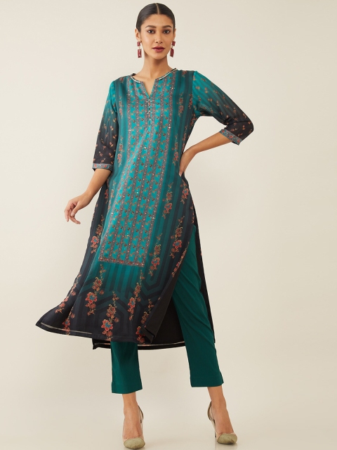 

Soch Women Green & Black Floral Printed Thread Work Georgette Kurta