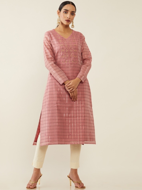 

Soch Women Pink Checked Thread Work Chanderi Silk Chanderi Silk Kurta