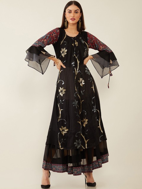 

Soch Black & Red Ethnic Motifs Layered Ethnic A-Line Maxi Dress