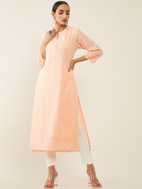 

Soch Women Peach-Coloured Geometric Embroidered Thread Work Georgette Kurta