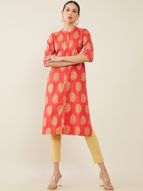 

Soch Women Orange & Gold-Coloured Ethnic Motifs Block Printed Straight Kurta