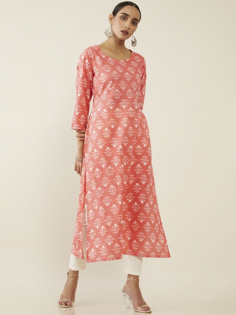

Soch Women Peach-Coloured & White Ethnic Motifs Block Printed A-line Kurta