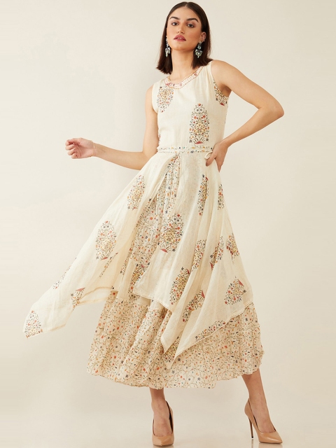 

Soch Cream-Coloured & Green Ethnic Motifs Rotary Printed Cotton Layered Ethnic Midi Dress