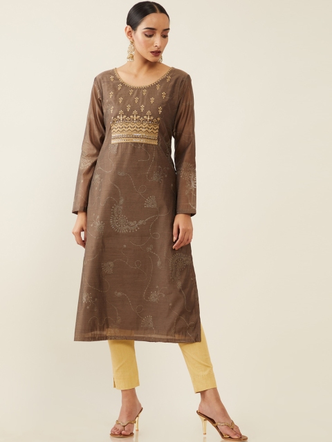 

Soch Women Brown & Beige Yoke Embroidered & Digital Printed Chanderi Silk Kurta