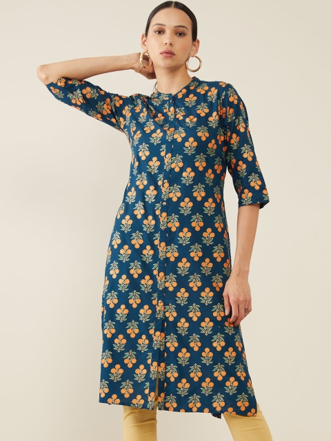 

Soch Women Blue & Orange Ethnic Motifs Block Printed Kurta
