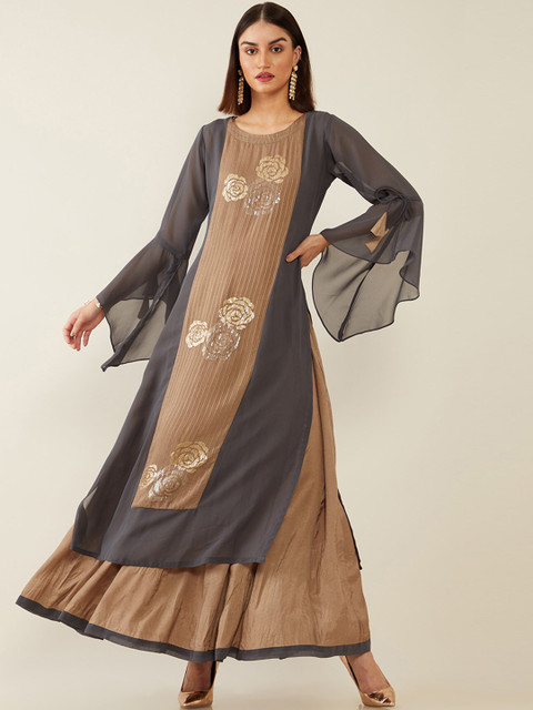 

Soch Women Grey & Brown Embellished Layered Flared Sleeves Georgette A-line Kurta