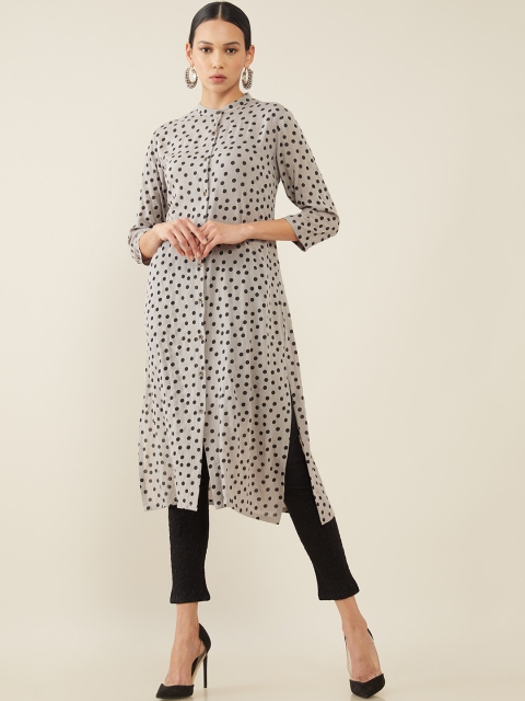 

Soch Women Grey & Black Polka Dots Printed Kurta