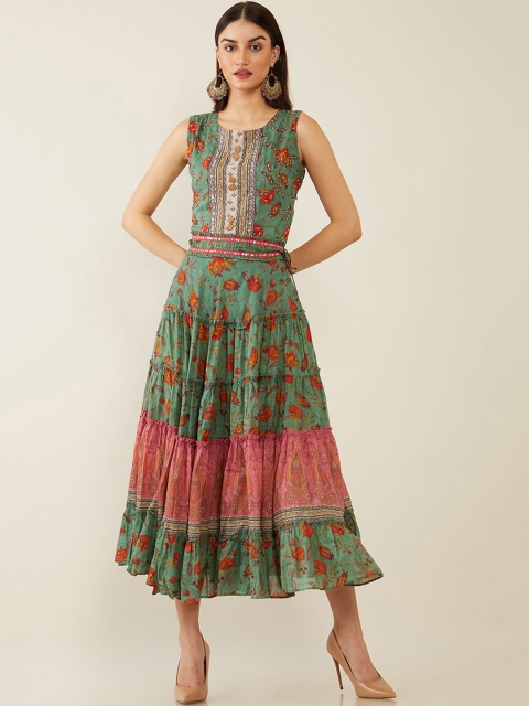 

Soch Green & Pink Floral Rotary Printed Cotton Ethnic Midi Dress