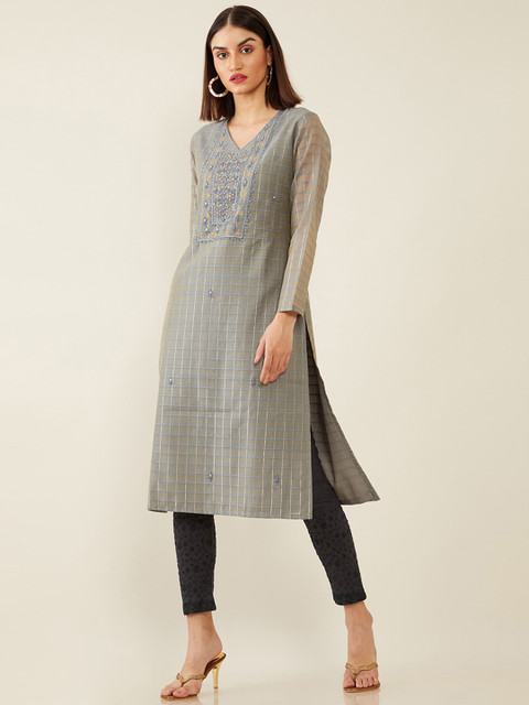

Soch Women Grey Yoke Embroidered Chanderi Silk Kurta