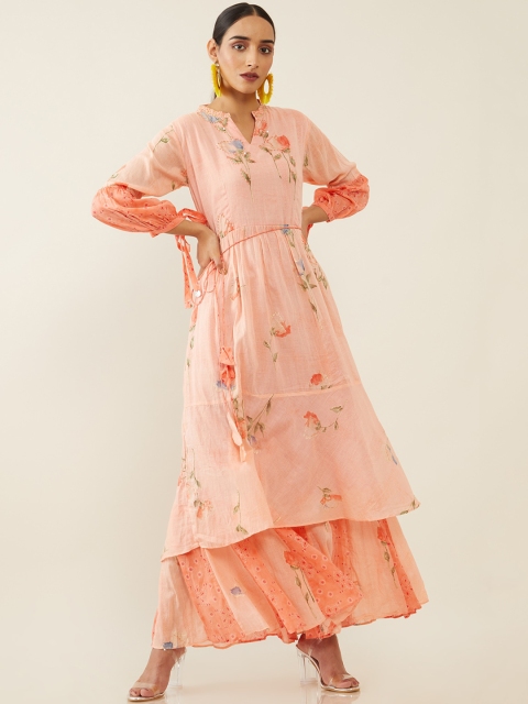 

Soch Women Pink & Peach-Coloured Floral Rotary Printed Cotton Layered A-line Kurta