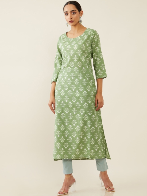 

Soch Women Green & White Ethnic Motifs Block Printed Cotton Straight Kurta