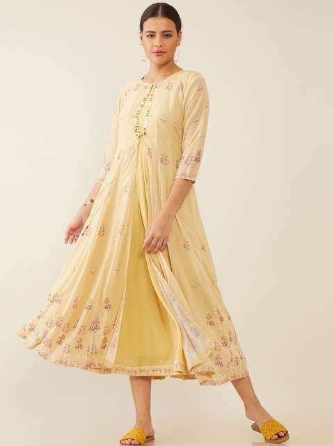 

Soch Yellow Ethnic Motifs Screen Printed Layered Georgette A-Line Midi Dress