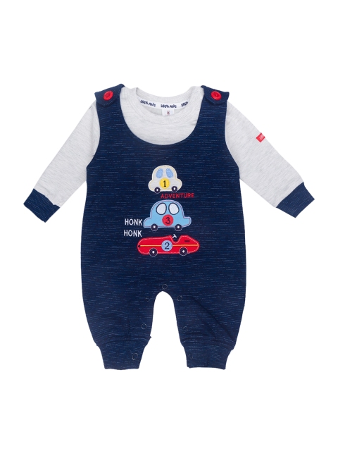 

Little Folks Unisex Kids Navy-Blue & Grey Printed Denim Dungarees With T-Shirt