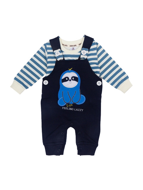 

Little Folks Unisex Kids Navy Blue & White Graphic Printed Cotton Dungarees With T-Shirt