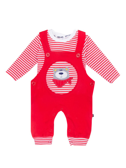 

Little Folks Unisex Kids Red & White Dungarees With T-Shirt