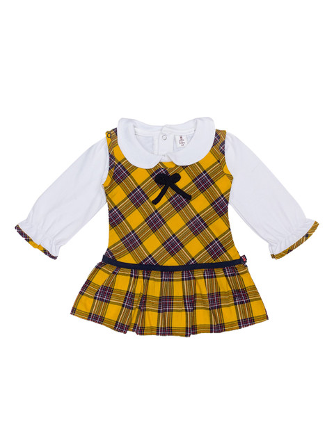 

Little Folks Kids Girls Mustard Yellow Checked Peter Pan Collar Drop-Waist Dress
