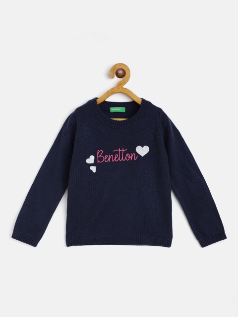 

United Colors of Benetton Girls Navy Blue & Pink Brand Logo Embroidered Pullover Sweater