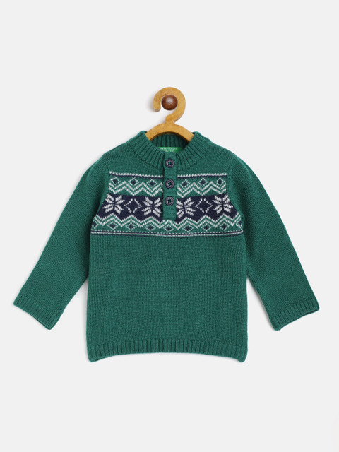 

United Colors of Benetton Boys Green & Navy Blue Fair Isle Pullover
