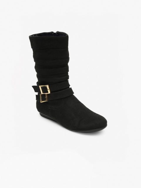 

Flat n Heels Women Black Woven Design Suede Flat Boots
