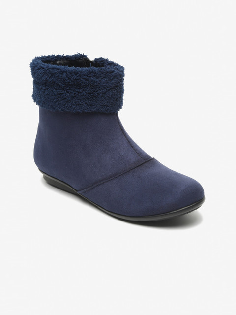 

Flat n Heels Women Navy Blue Solid Mid Top Suede Flat Boots