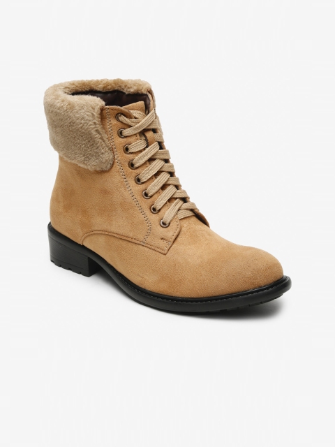 

Flat n Heels Women Beige Suede Flat Boots With Fur Detail