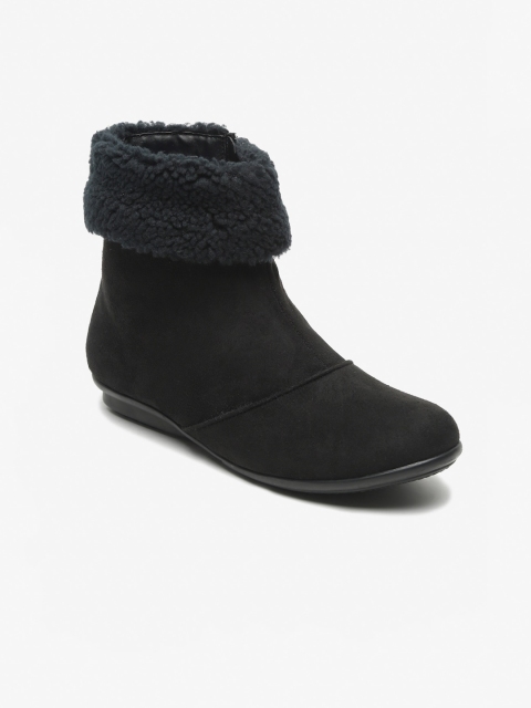 

Flat n Heels Women Black Solid Suede Flat Boots