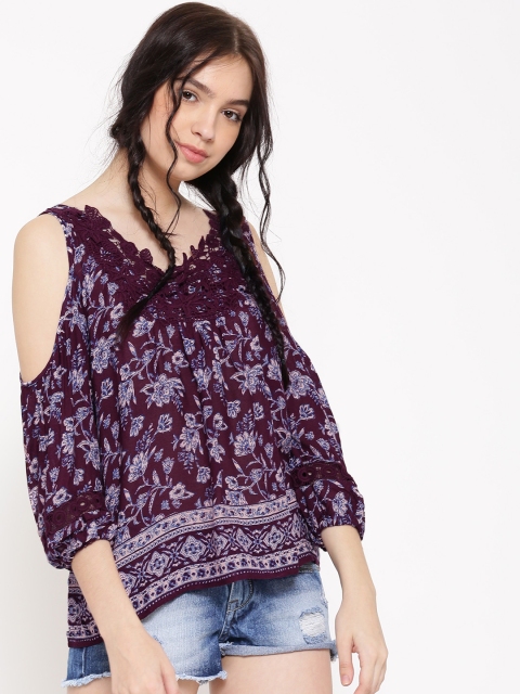 

FOREVER 21 Women Wine-Coloured Printed Cold Shoulder Top, Burgundy