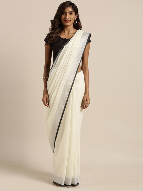 

Mitera Cream-Coloured & Black Zari Linen Blend Saree